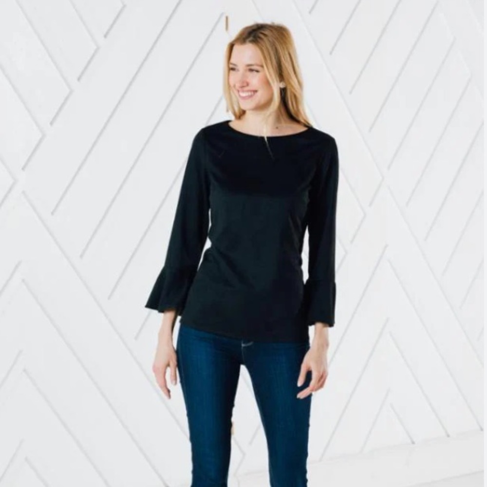 Sail to Sable black flutter bell sleeve top w/pink accent zipper Sz M EUC - Picture 1 of 8